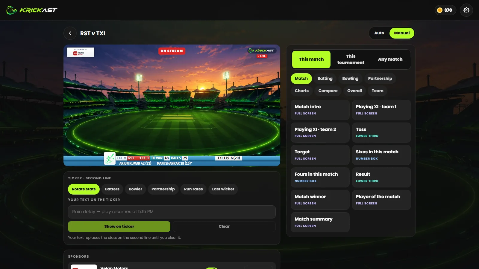 Krickast control room: the live stream preview beside the graphics board