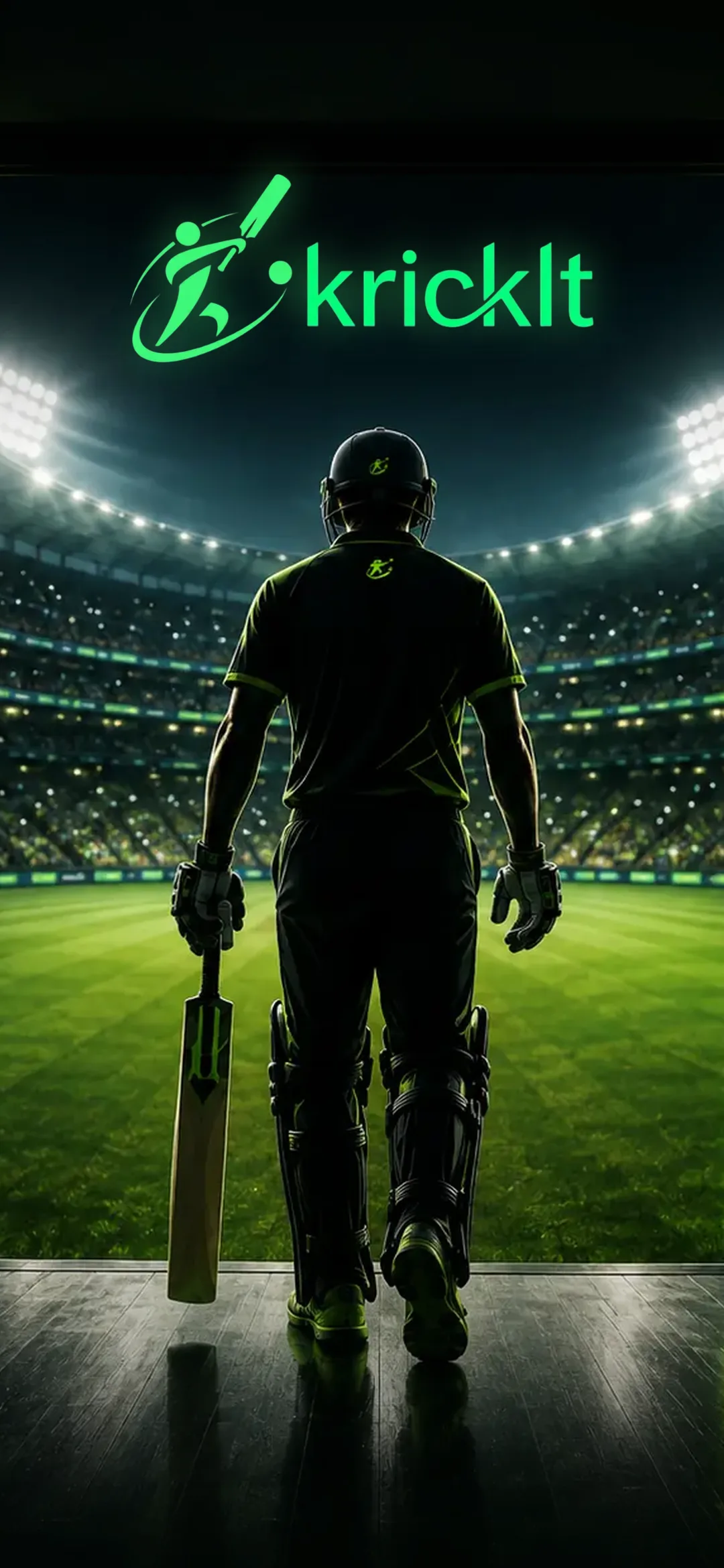A batter walking out into a floodlit ground under the Krickit logo