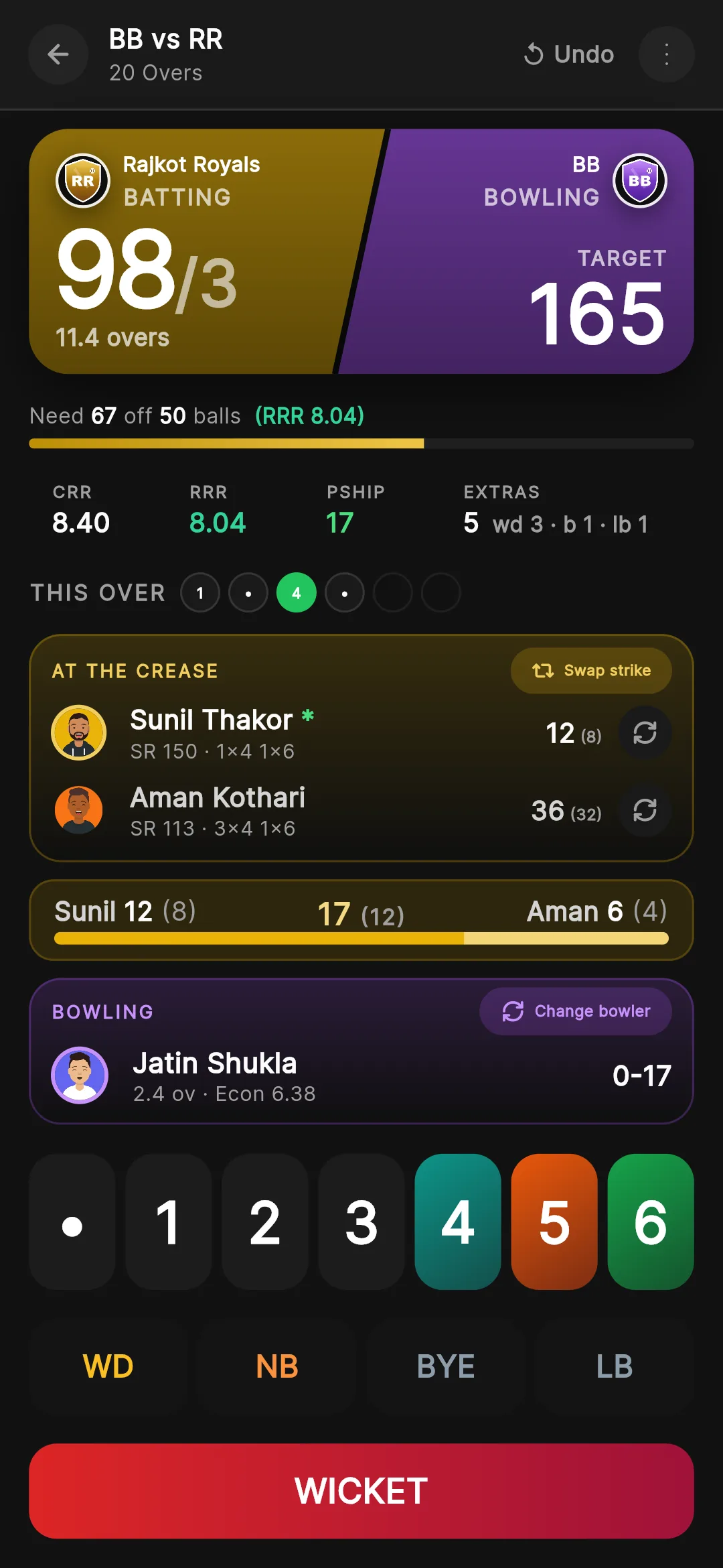 Krickit live scoring, mid-over