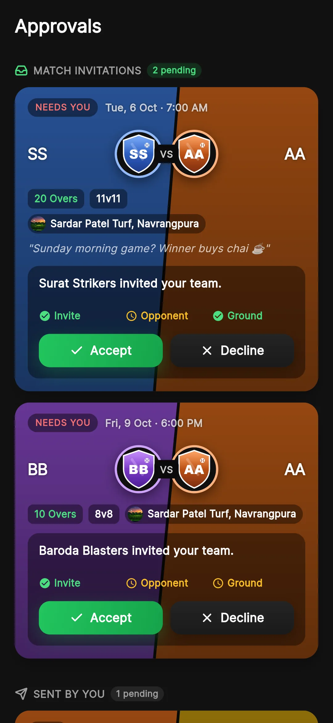 Match invites waiting for approval in Krickit