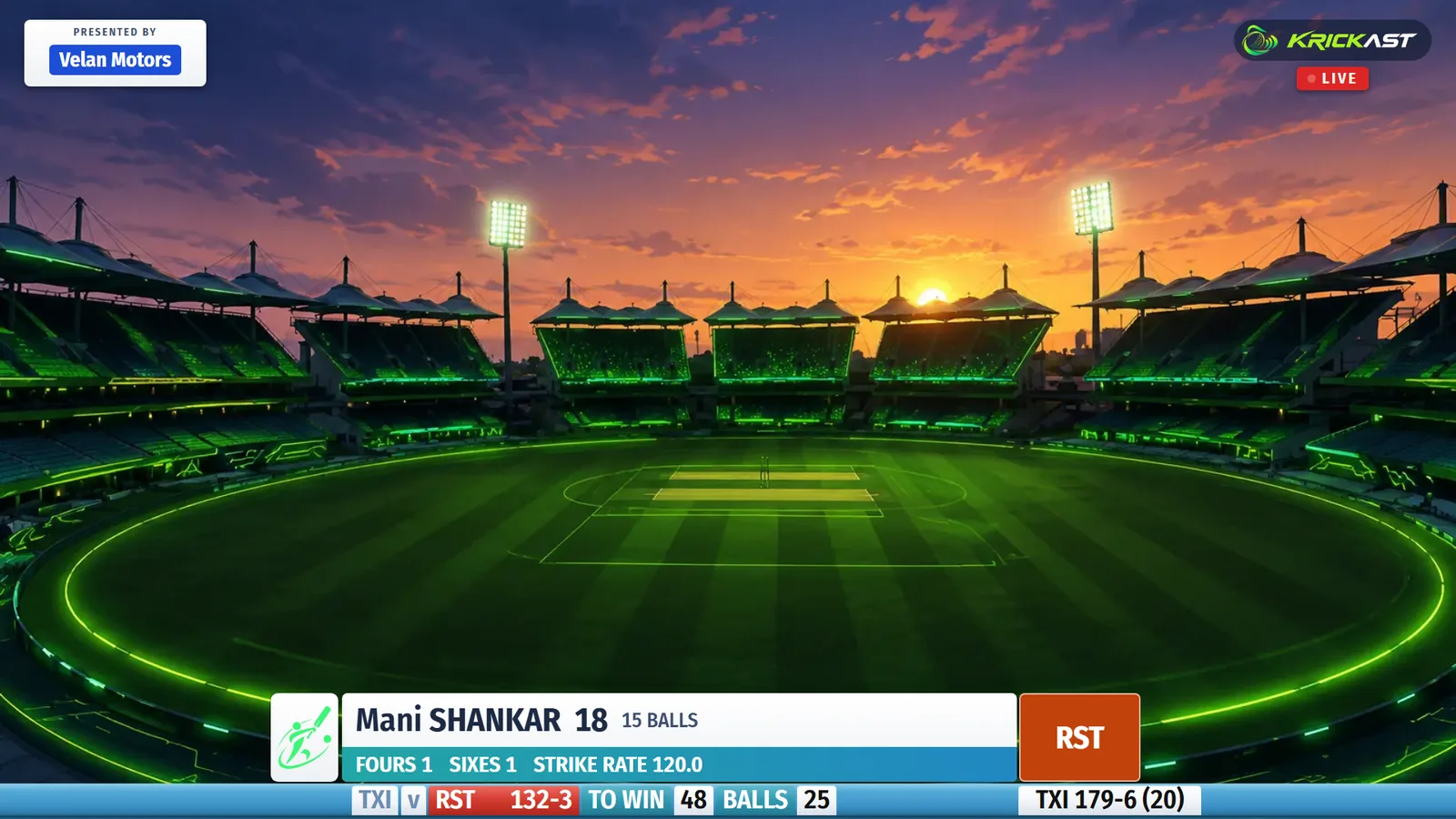 Krickast cricket score ticker on a live stream: batter card with runs and strike rate above the scoreboard strip